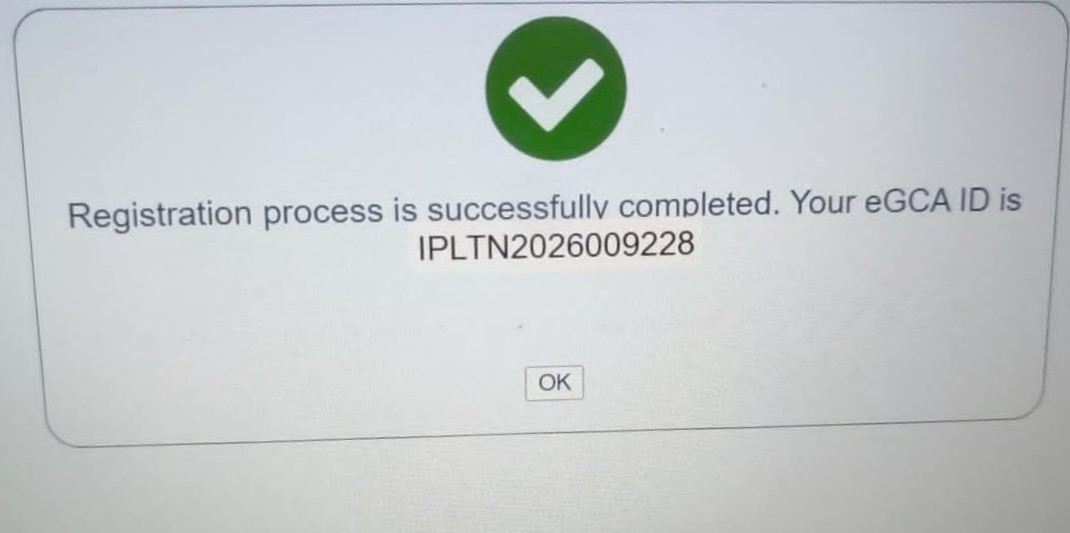eGCA registration confirmation screen after successful submission and ID generation