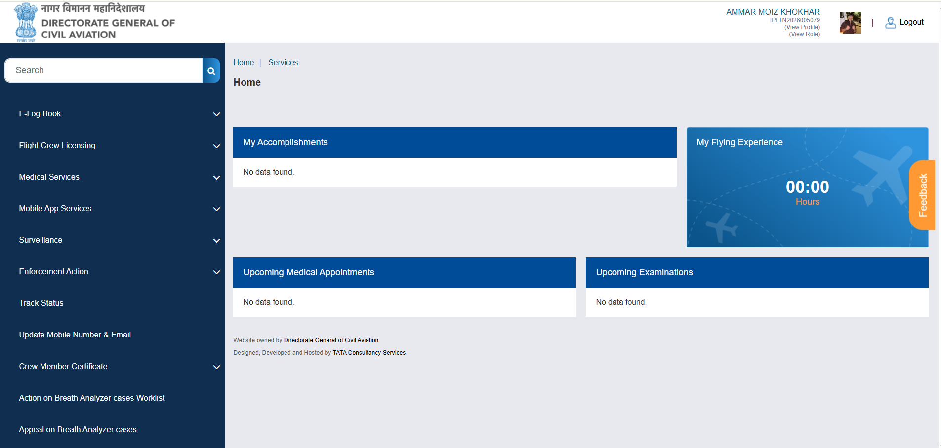 eGCA pilot dashboard shown after successful login, displaying flying experience and upcoming medical appointments