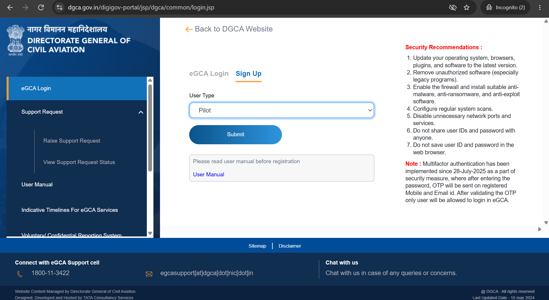 eGCA Sign Up page showing the User Type dropdown with Aspirant, Pilot, AME, and Training Institute options