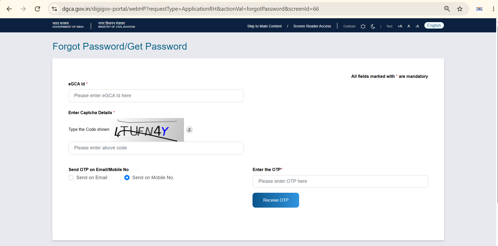 eGCA Forgot Password page with fields for eGCA ID, CAPTCHA, and OTP delivery option