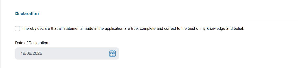 eGCA registration declaration checkbox confirming the accuracy of submitted information