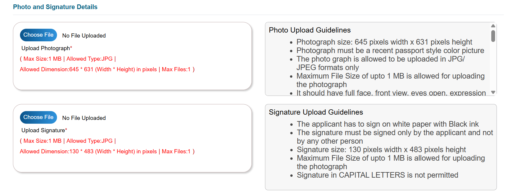 eGCA photo and signature upload section with formatting guidelines for both files