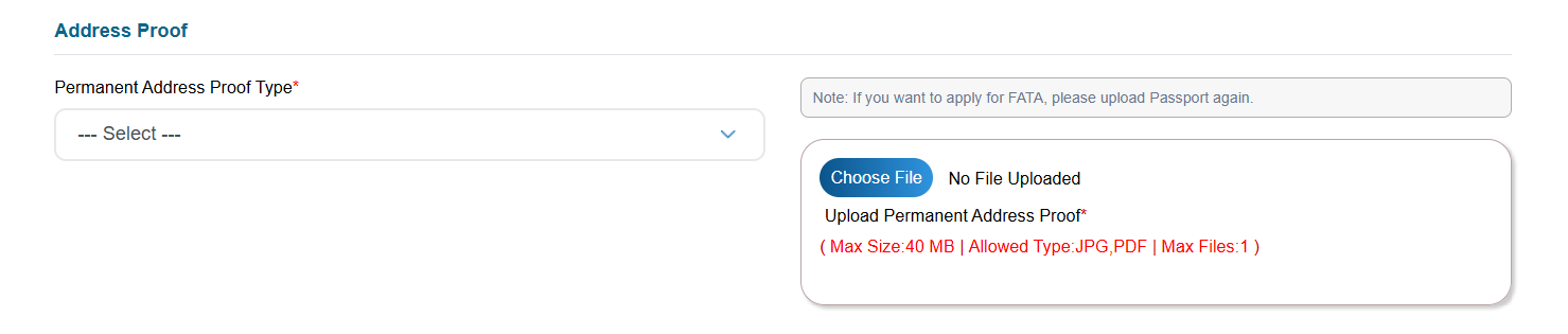 eGCA address proof dropdown showing accepted document types for registration