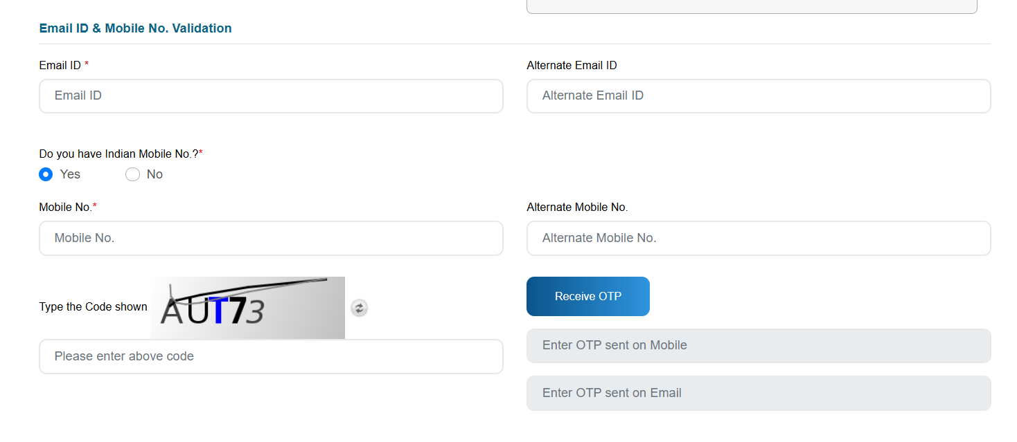 eGCA form for email and mobile number verification with CAPTCHA and OTP fields