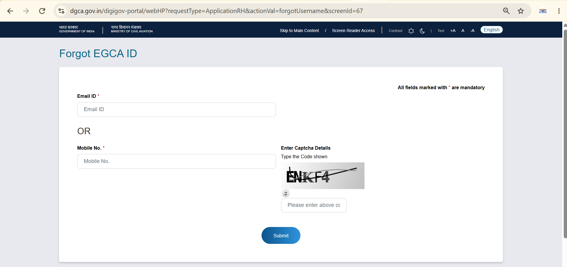 eGCA Forgot ID page with fields for email or mobile number and CAPTCHA verification